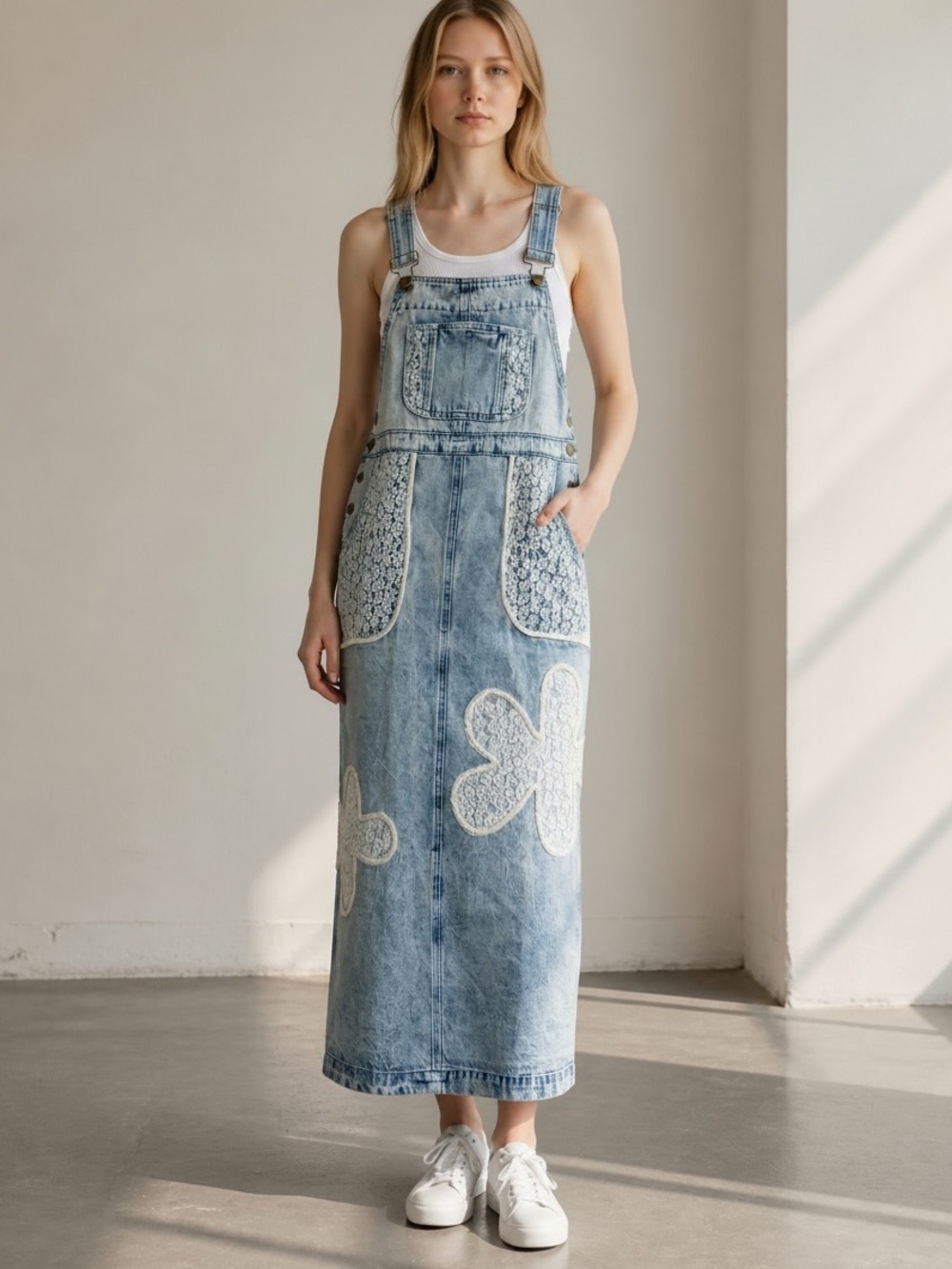 Mystree Light Blue Denim Lace-Appliqué Overall Maxi Dress